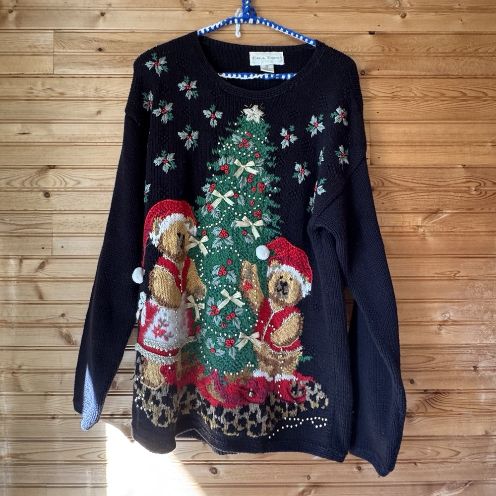 VTG 80s 90s Sweater Christmas Tree Teddy Bears Holly Cute Grandma Cottage Ugly